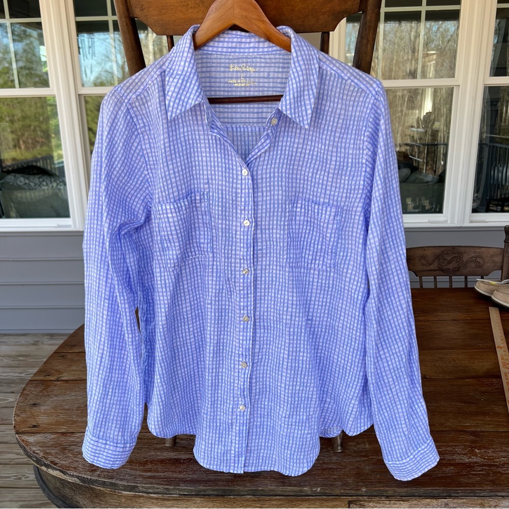 Lilly Pulitzer 100% Linen Button Down Shirt Women’s Purple Blue Plaid Size Large - Picture 2 of 15